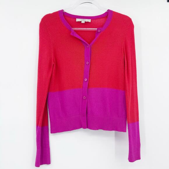 LOFT Colorblock Orange Magenta Cardigan Sweater Lightweight Womens Size Med - Picture 3 of 11